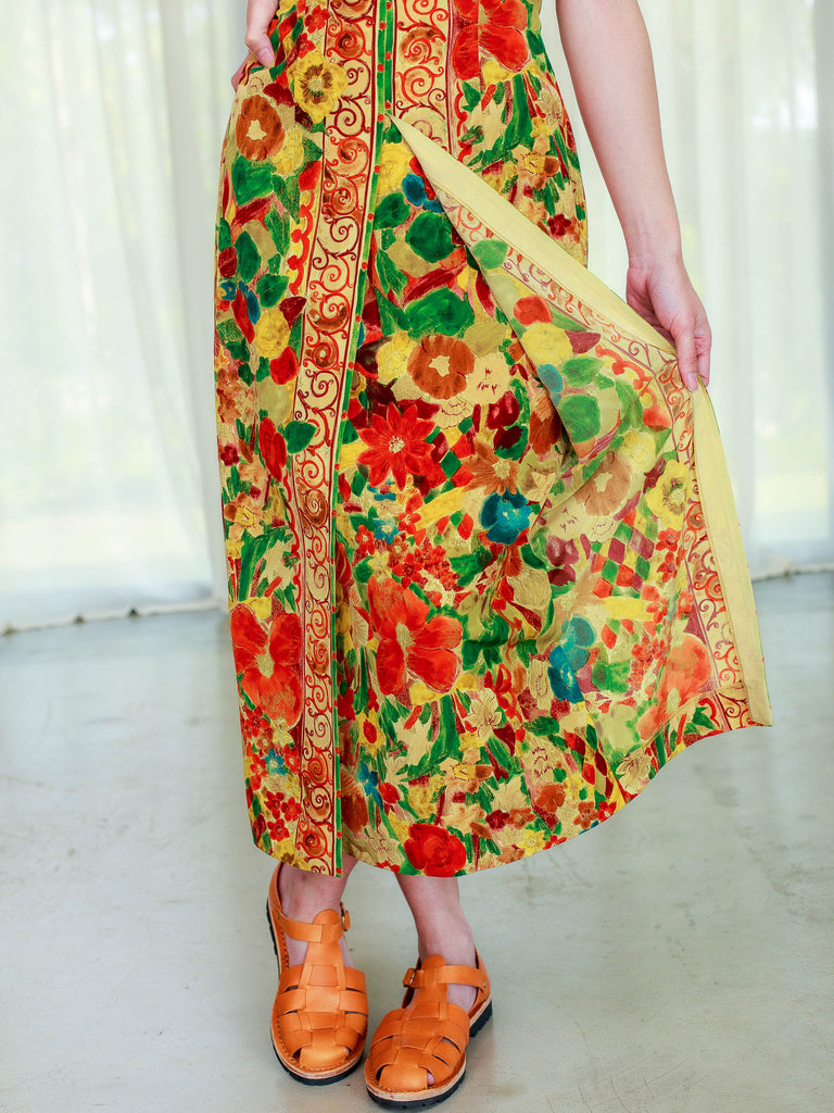 Vintage Floral Print Pleated Maxi Skirt