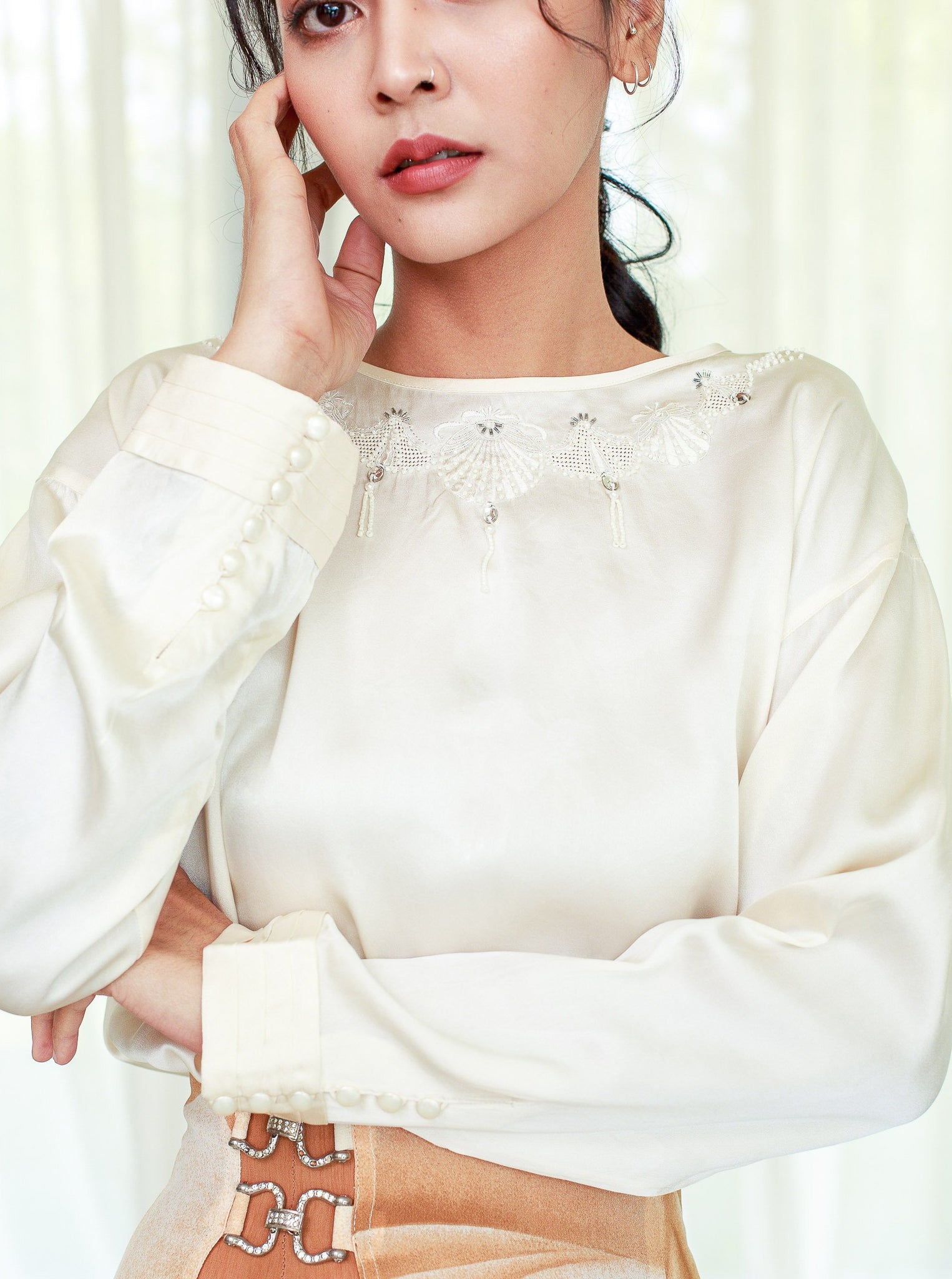 Ivory embroidered vintage silk blouse