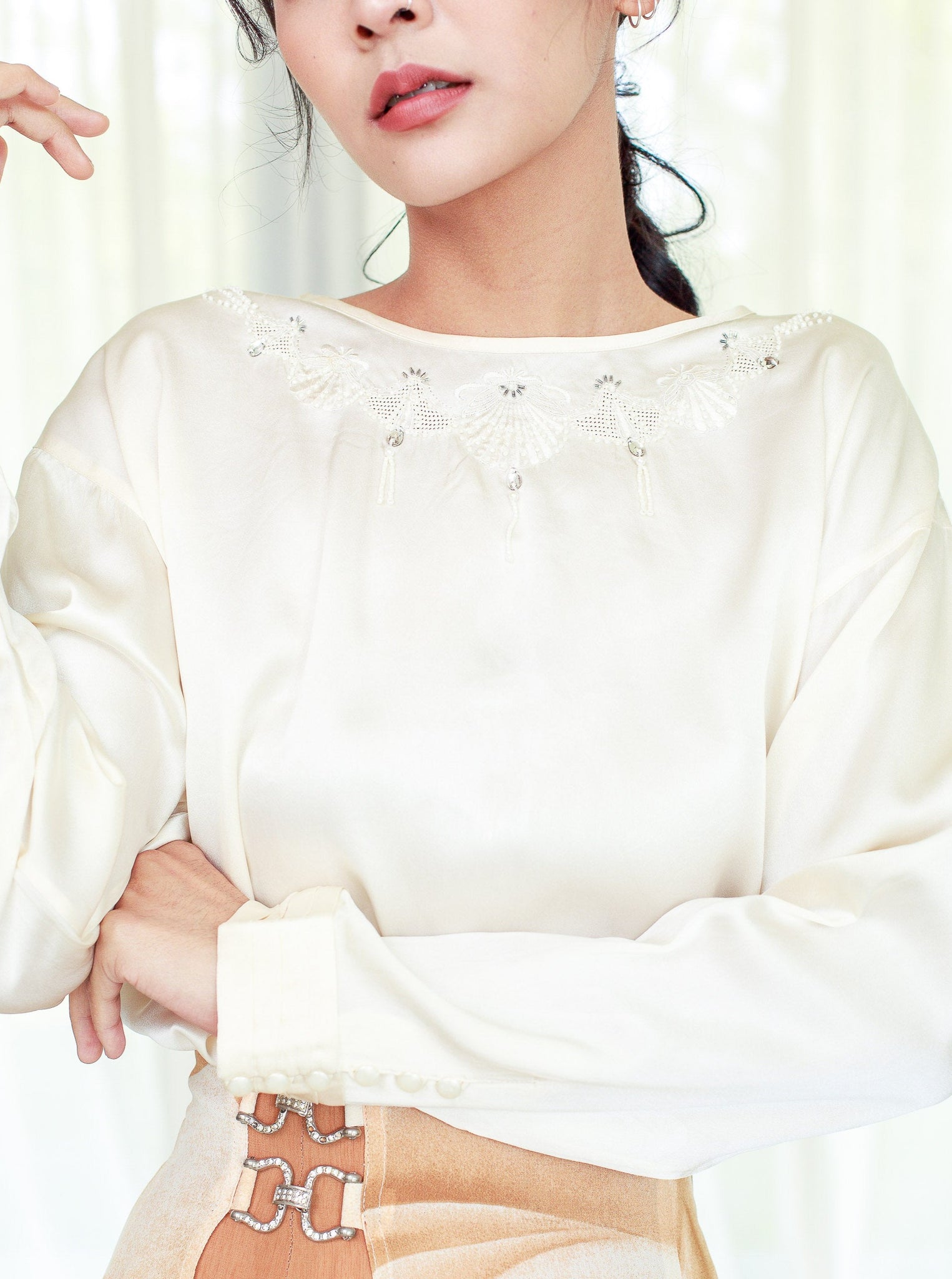 Ivory embroidered vintage silk blouse