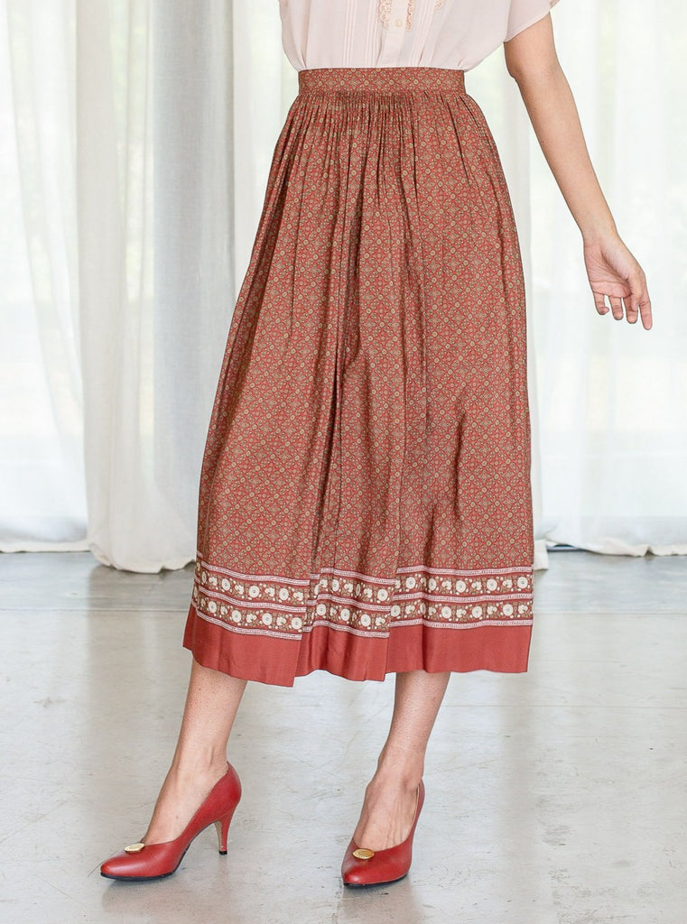 Vintage 80s Geometric mosaic print Brown brick chiffon vintage skirt