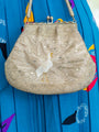 White peacock pattern in silver beaded vintage bag