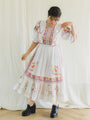 Vintage upcycled embroidered tiered dress with ruffle neckline