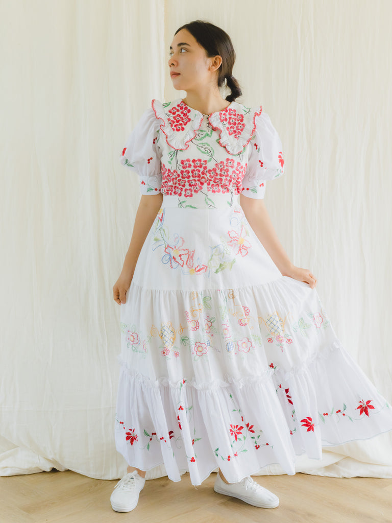 Re-Dress Upcycled Floral Embroidery Tiered Maxi Dress