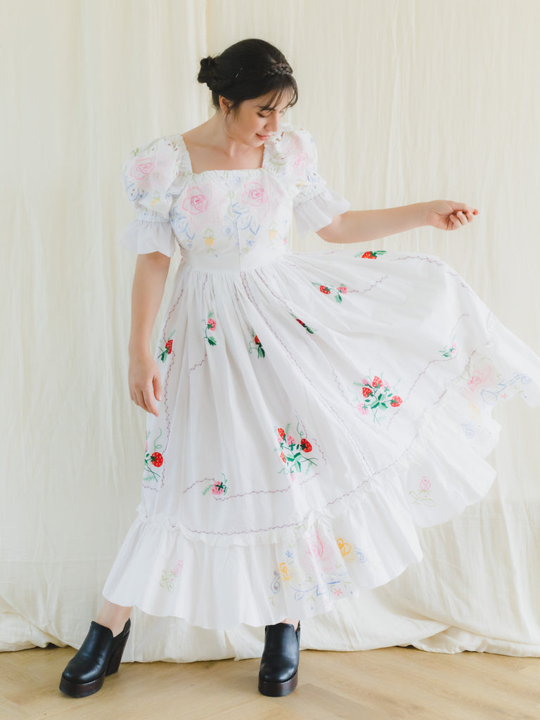 Re-Dress Upcycled Strawberry Embroidery Maxi Dress