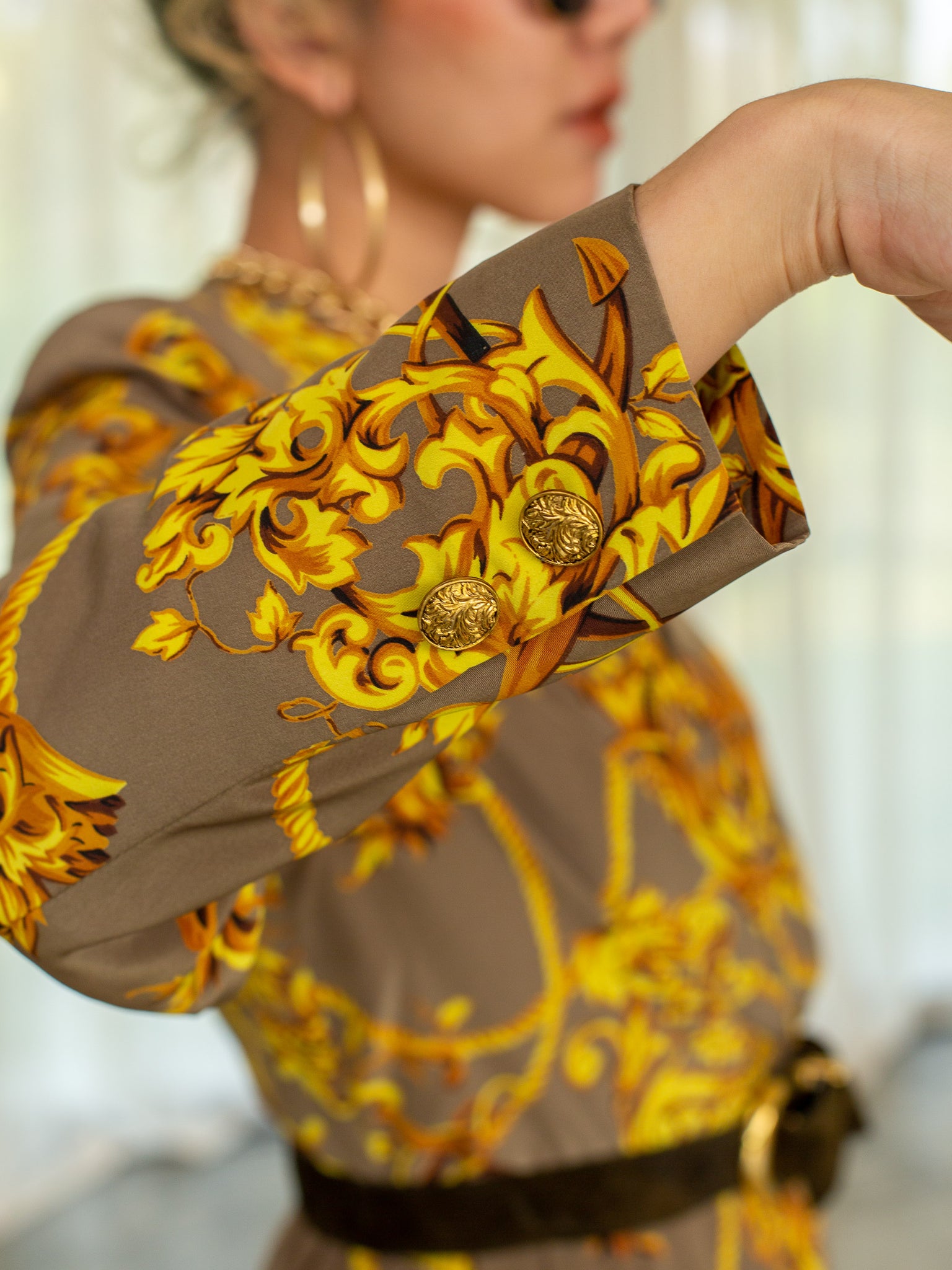 Vintage 80s Gold Baroque print Wrap skirt Japanese Chiffon vintage dress