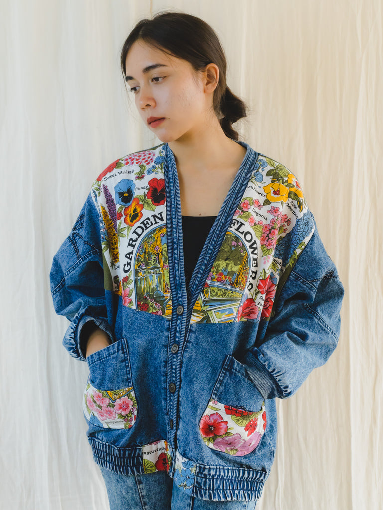 Vintage Denim Jacket with Colourful Floral Patches