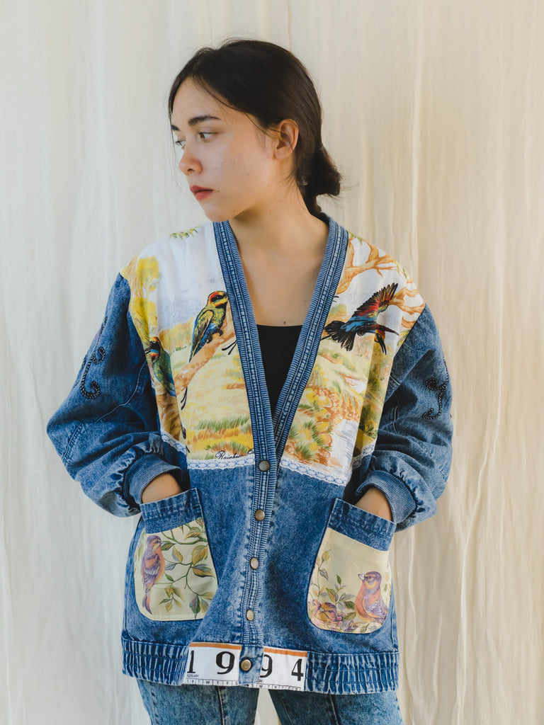 Vintage Denim Jacket with Colourful Bird Patches