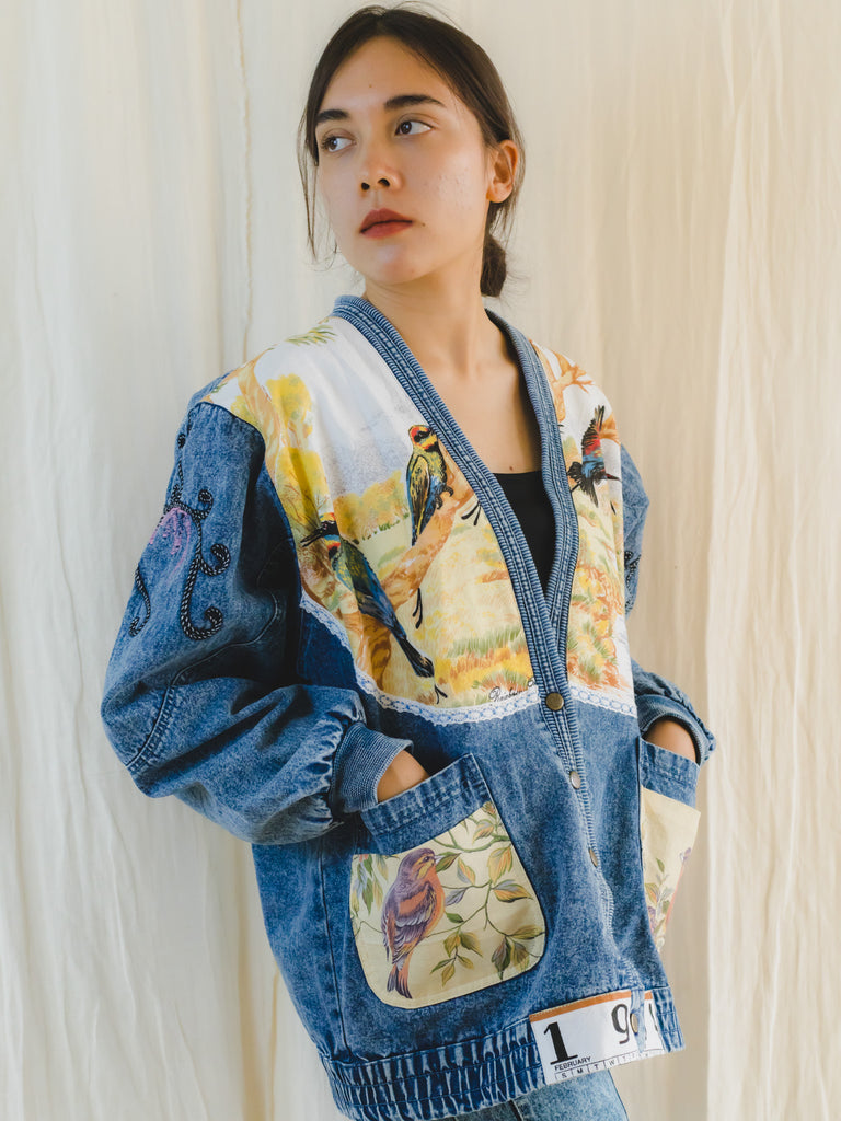 Vintage Denim Jacket with Colourful Bird Patches