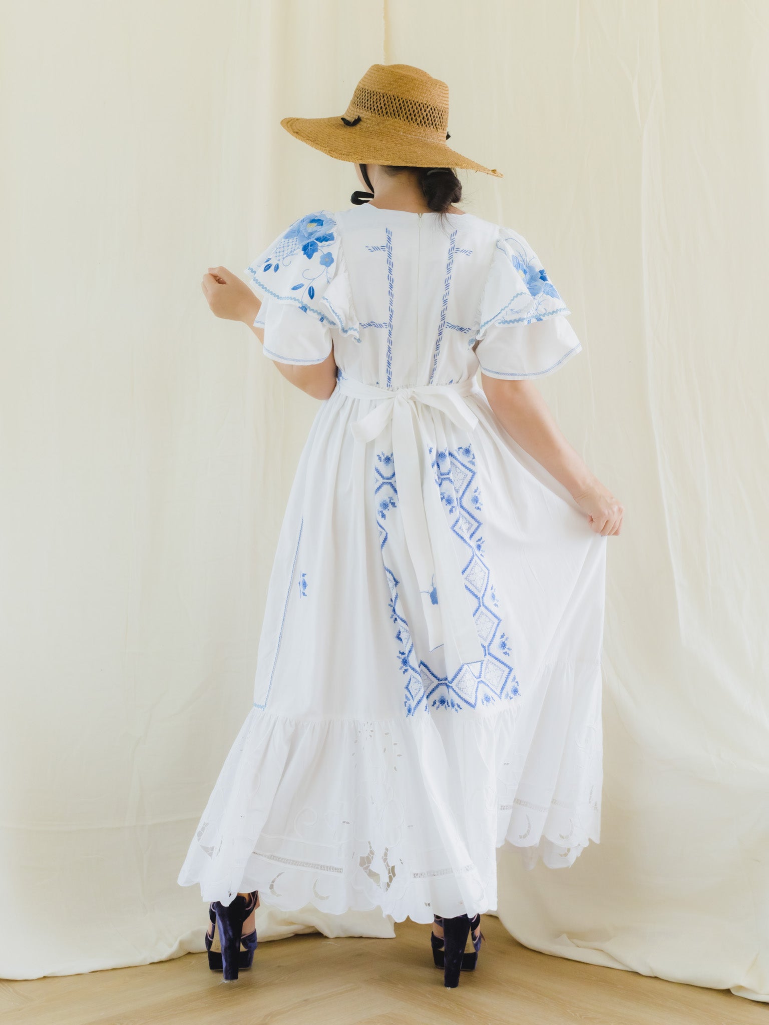 Sugar Cream Re-Dress Upcycled Floral Tiered Blue Maxi Dress Sugar Cream Re-Dress Upcycled Floral Tiered Blue Maxi Dress