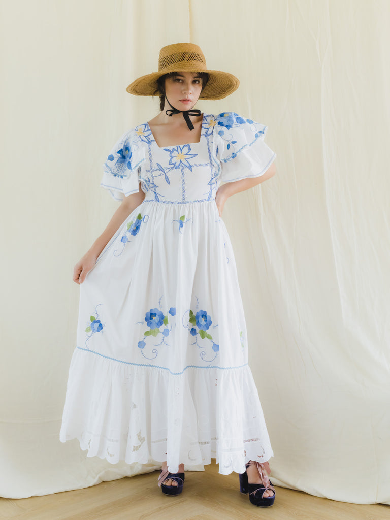 Sugar Cream Re-Dress Upcycled Floral Tiered Blue Maxi Dress Sugar Cream Re-Dress Upcycled Floral Tiered Blue Maxi Dress