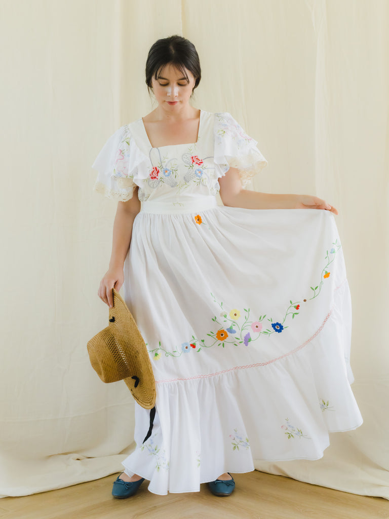 Upcycled Vintage Red Rose Embroidered Maxi Dress