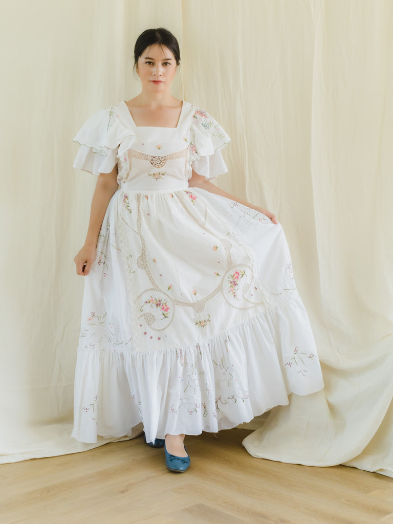 Sugar Cream Re-Dress Upcycled Vintage Floral Embroidered White Maxi Dress Sugar Cream Re-Dress Upcycled Vintage Floral Embroidered White Maxi Dress