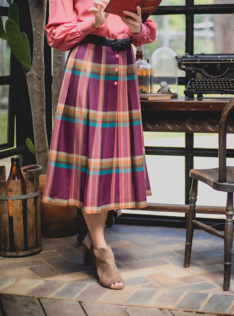 Vintage Tartan Print Maroon Midi Skirt