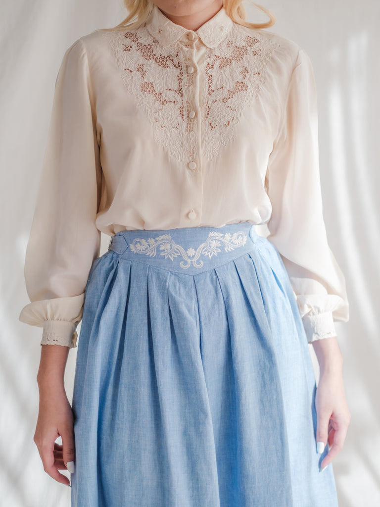 Vintage Embroidered Light Blue Midi Skirt