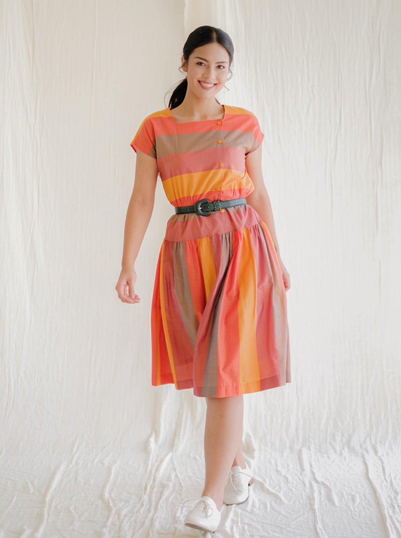 Square neck rainbow cotton vintage dress
