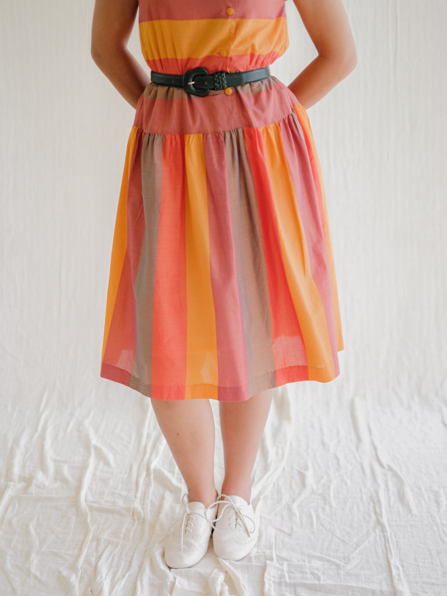 Square neck rainbow cotton vintage dress