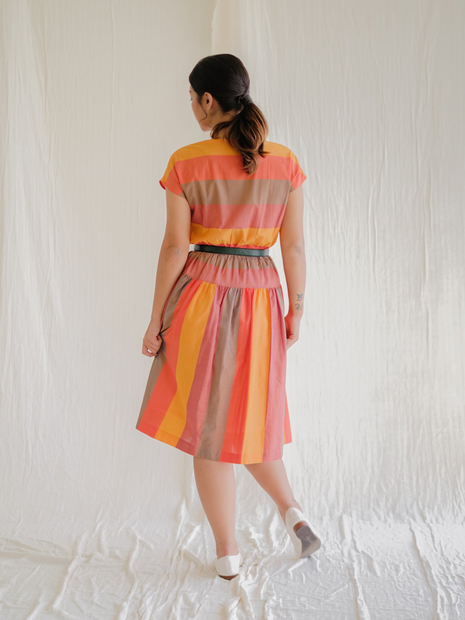 Square neck rainbow cotton vintage dress