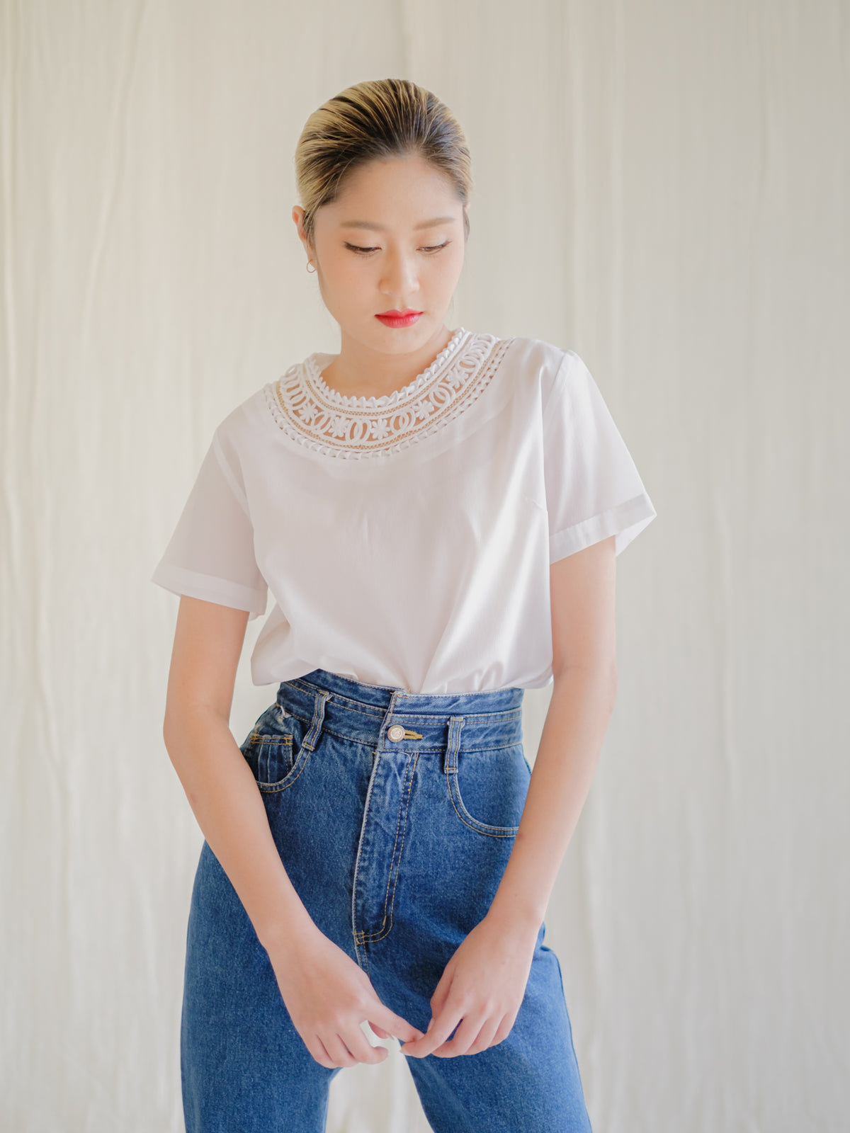 Sugar Cream Vintage Lace Detailing Chiffon Blouse