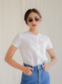 White Cotton Neck Embroidered Vintage Blouse