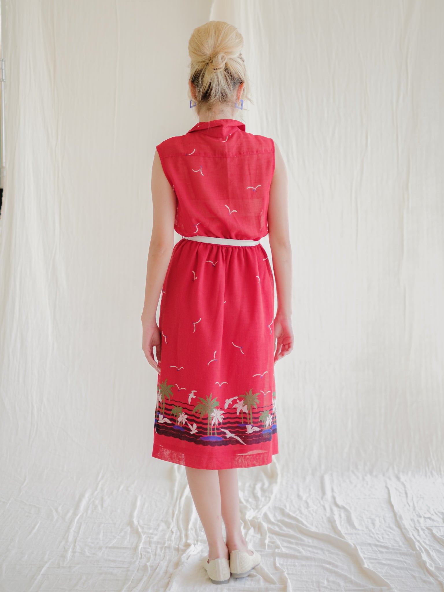 Palm tree print red vintage dress