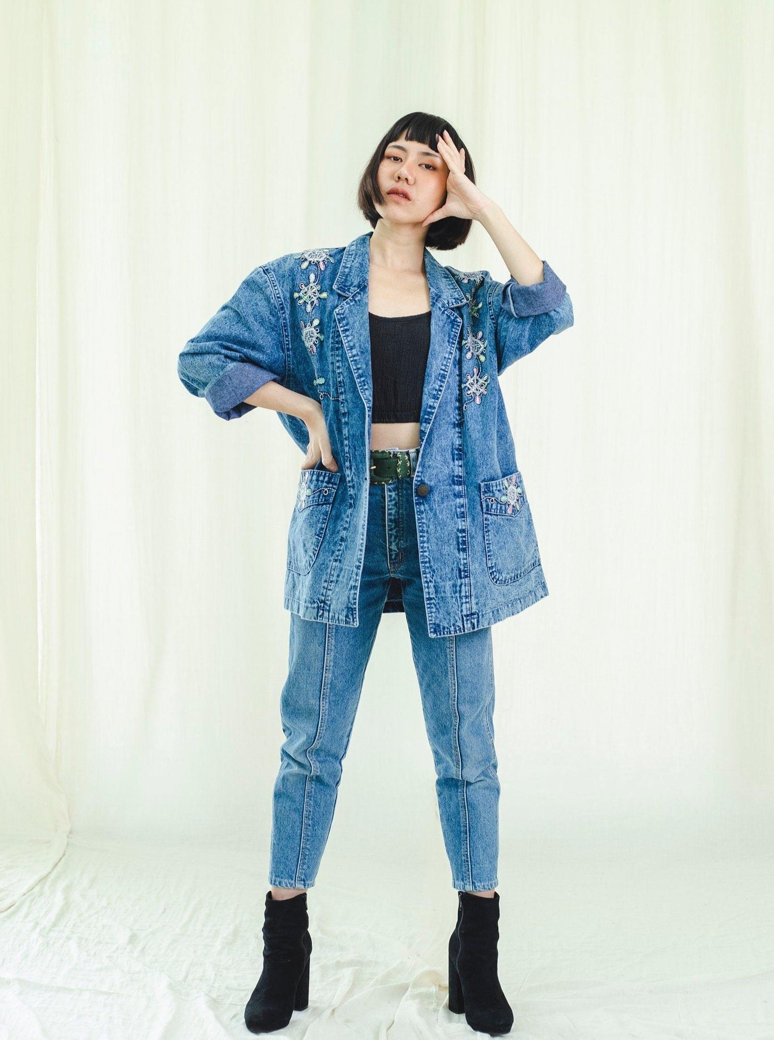 Maxi jacket | Denim embroidered | Vintage 1980s - Sugar & Cream Vintage