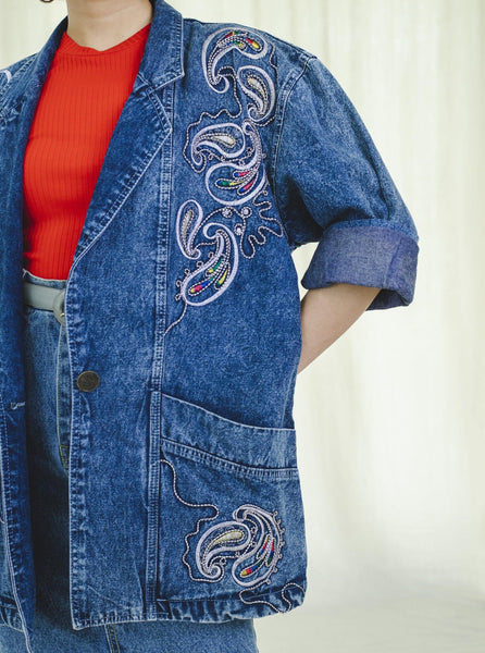Maxi jacket | Denim embroidered | Vintage 1980s - Sugar & Cream Vintage